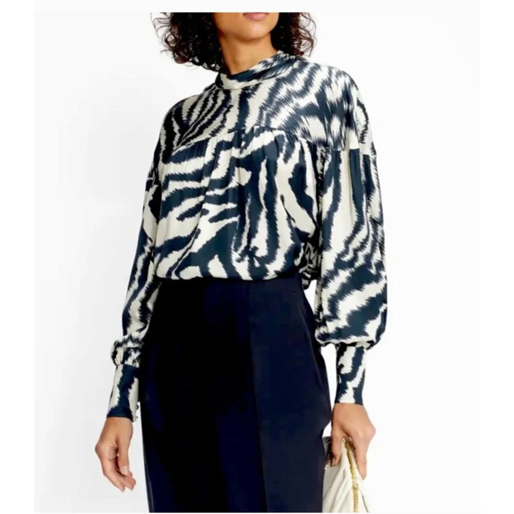 Ted Baker Zebra Print Blouse Mock Neck Button Cuff Back Keyhole Top sz 2 (10)